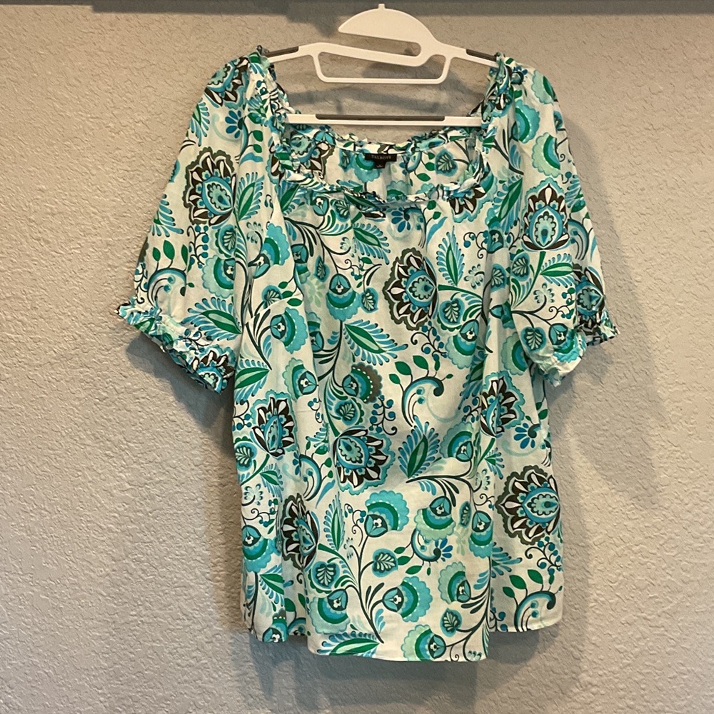 Talbots Teal and White Floral Blouse